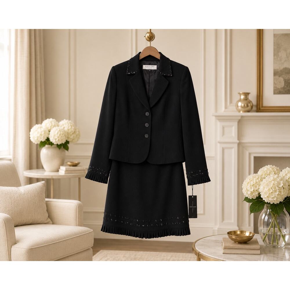 Tahari Jenny Skirt Blazer Suit Set 6 NWT Black Beaded Sequin Career Business
